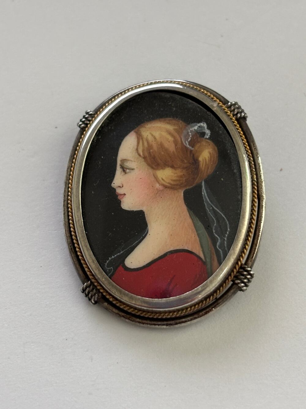 Antique 800 Silver Brooch Pendant Painted Portrait